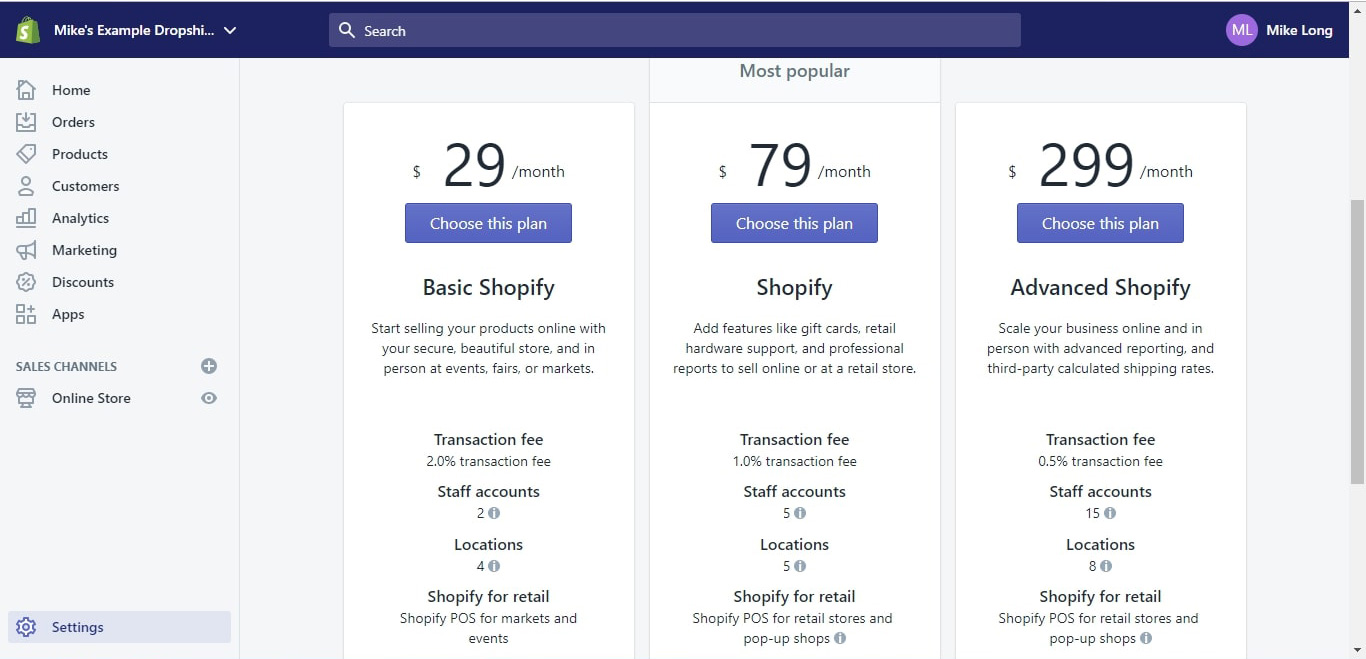 Choosing your Shopify subscription plan