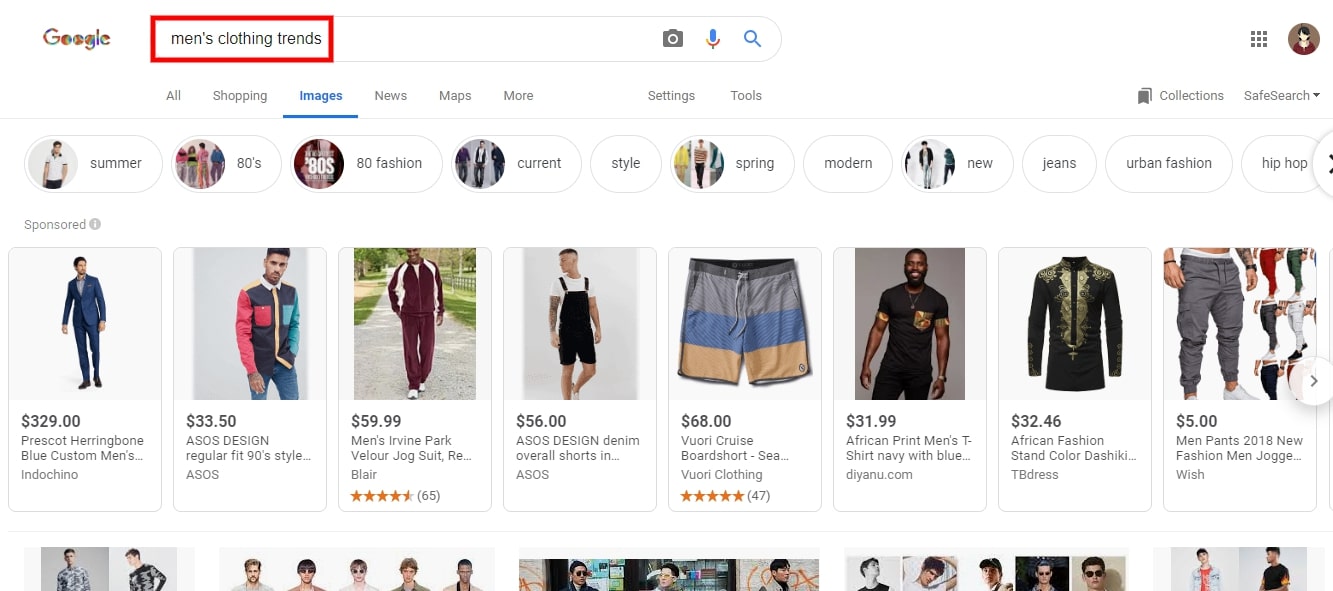 Google Images search for trending products